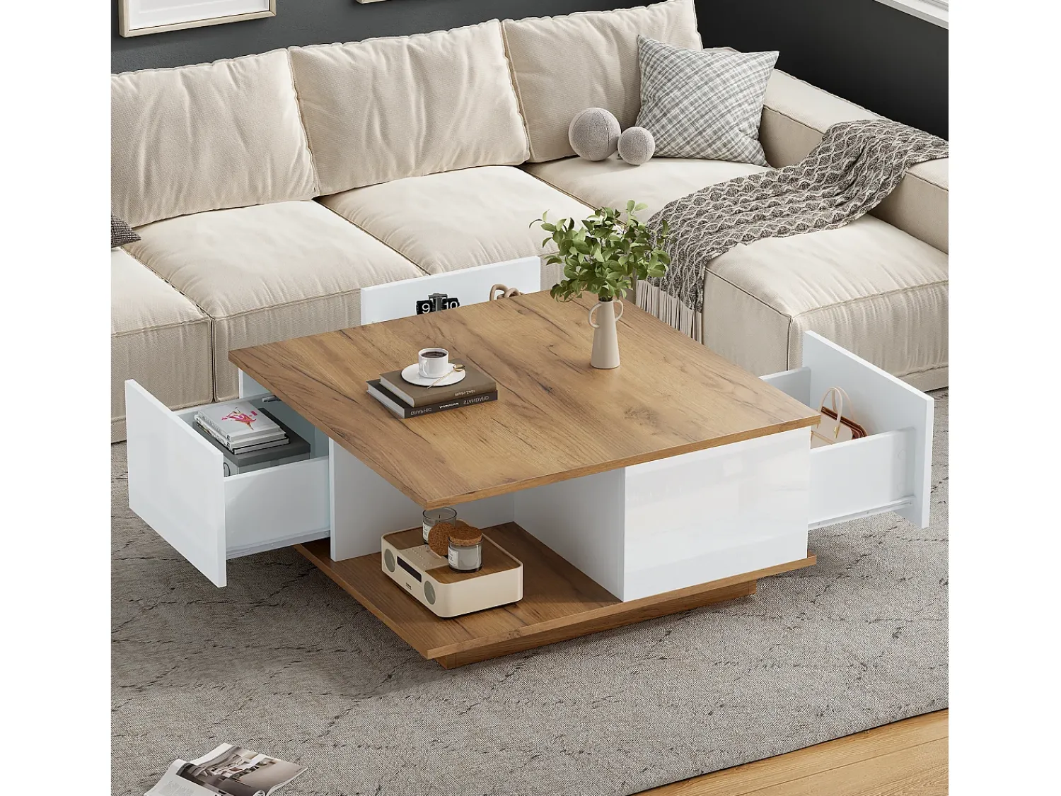 ModernLuxe Mesa de centro 70×70×31,5 cm - com 3 gavetas - tampo quadrado - painel de partículas - branco + natural^ Mesa De Centro