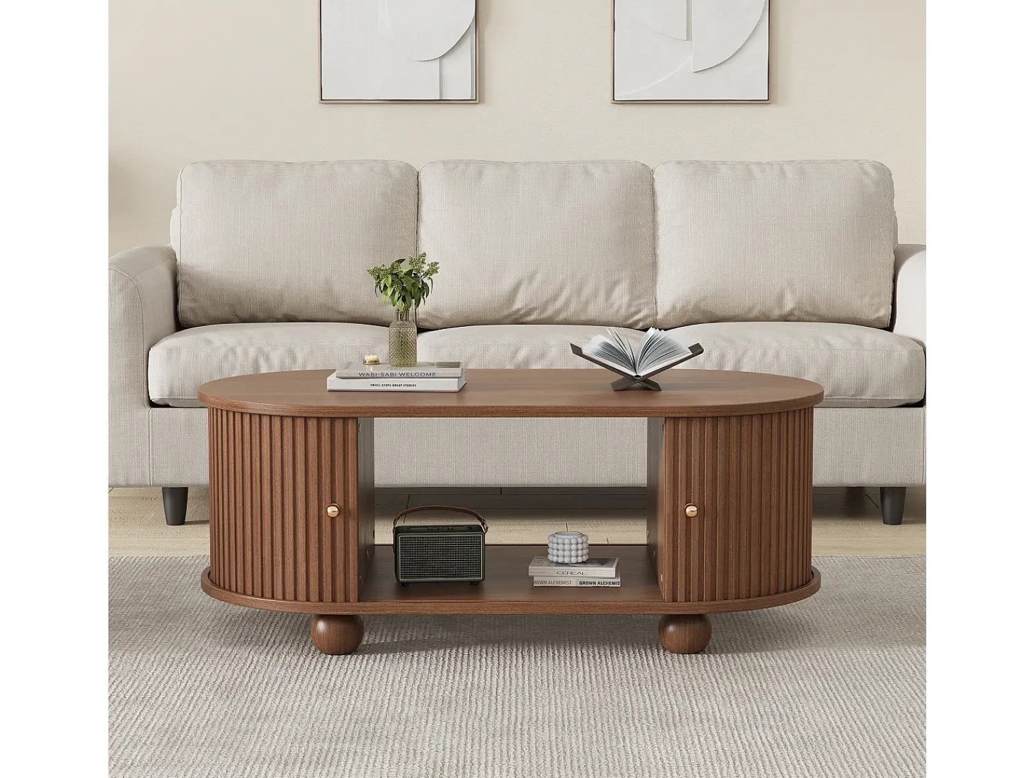 ModernLuxe Mesa de centro 100×50×40 cm - com 2 portas de correr - compartimento de armazenamento - marrom^ Mesa De Centro