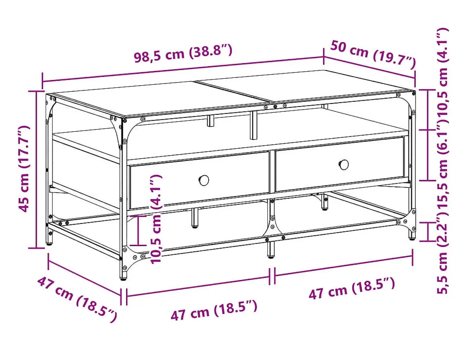 Outlet Mesa de centro | Mesa de apoio c/ topo vidro 98.5x50x45cm carvalho aço Castanho