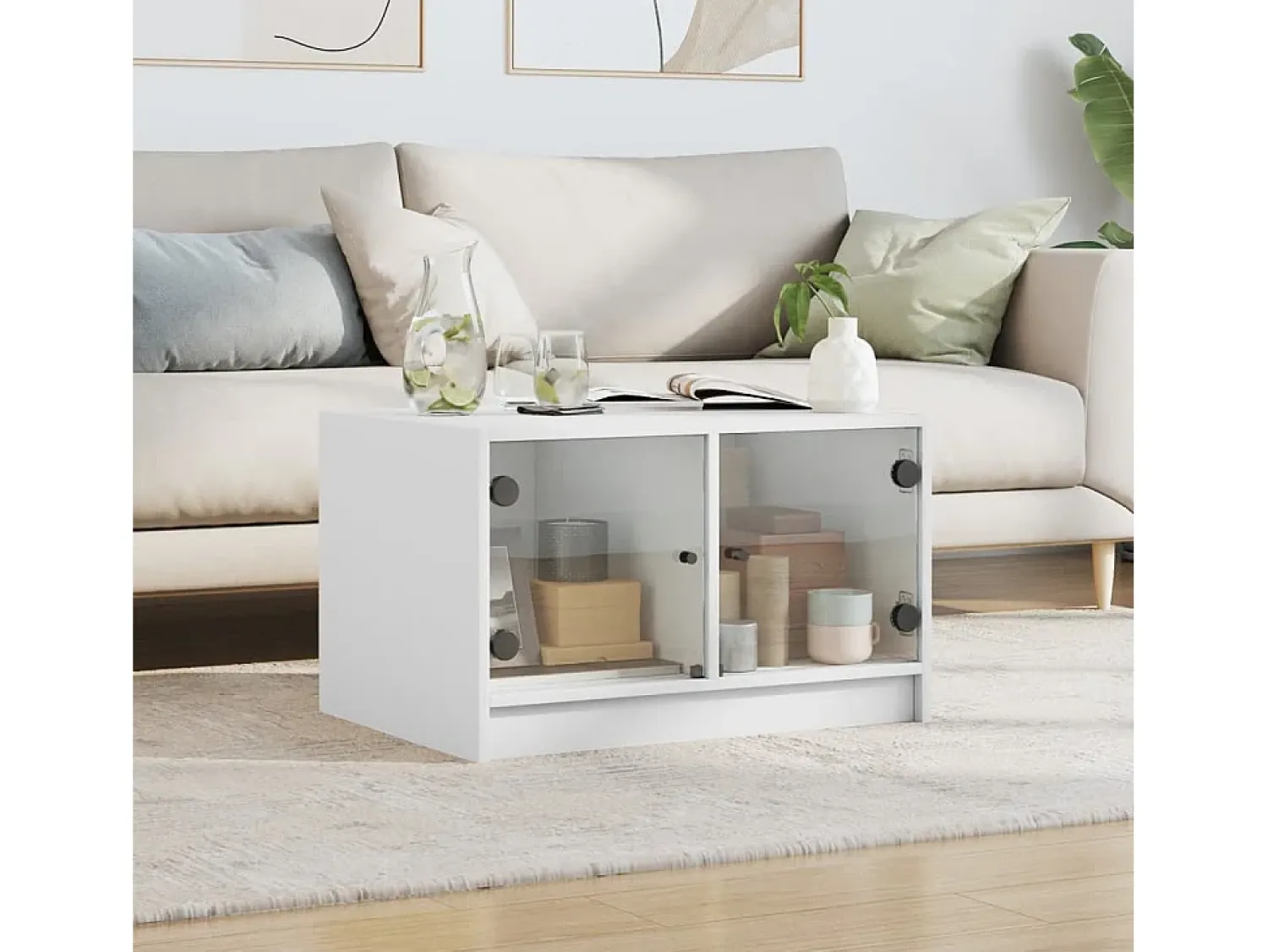 Mesa De Centro* Mesa de centro | Mesa de apoio c/ portas de vidro 68x50x42 cm Branco