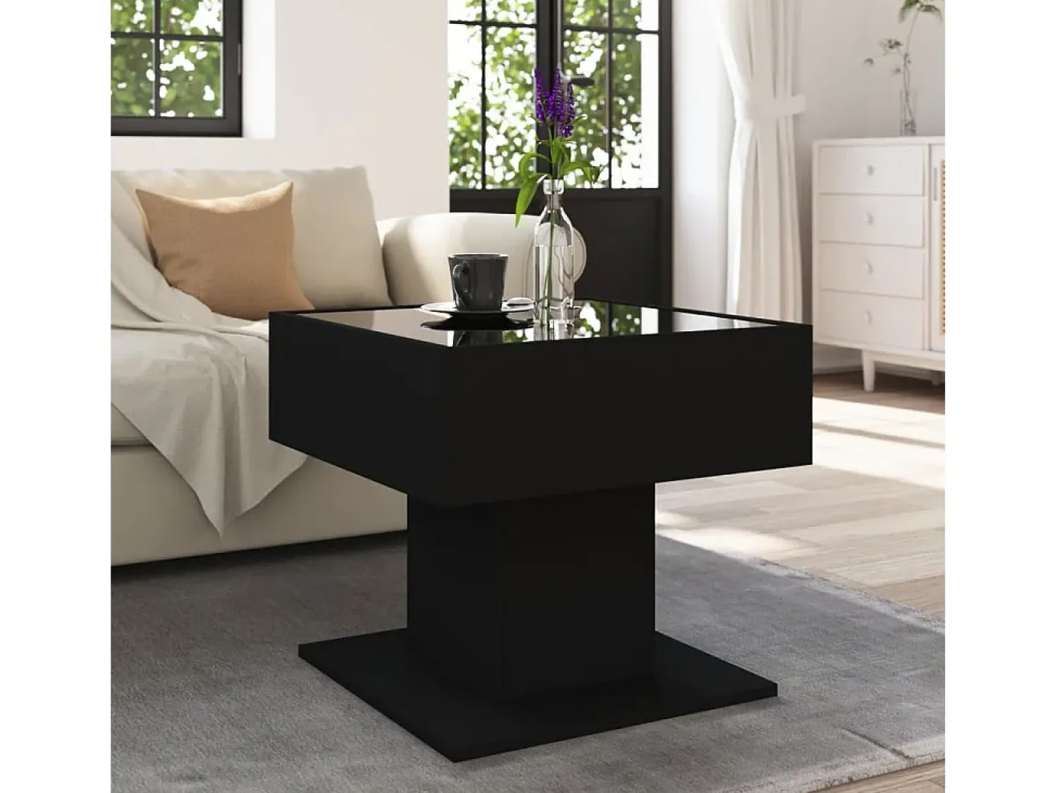Mesa De Centro* Mesa de centro | Mesa de apoio c/ LEDs 50x50x45cm contraplacado brilhante Preto