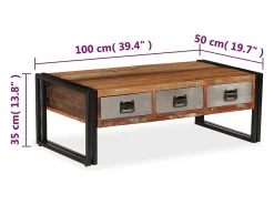Clearance Mesa de centro | Mesa de apoio | Mesa de café 3 gavetas madeira recuperada maciça 100x50x35 cm Castanho