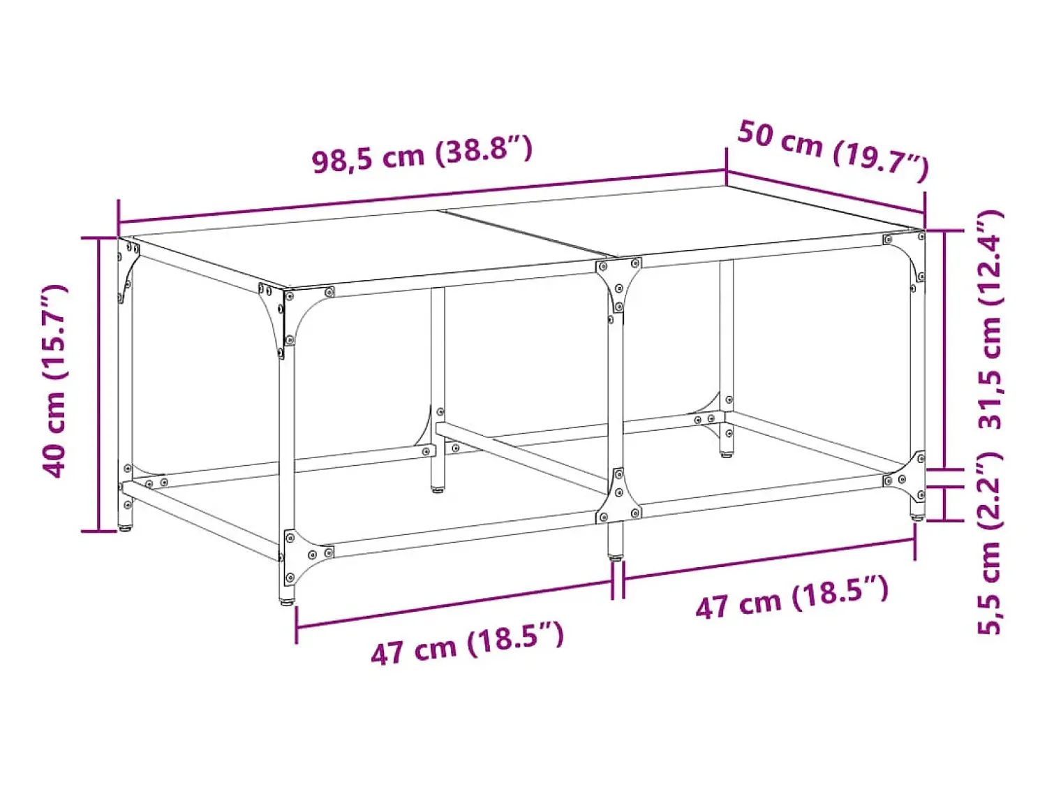 Mesa de centro | Mesa de apoio c/ topo em vidro 98.5x50x40 cm aço^ Mesa De Centro