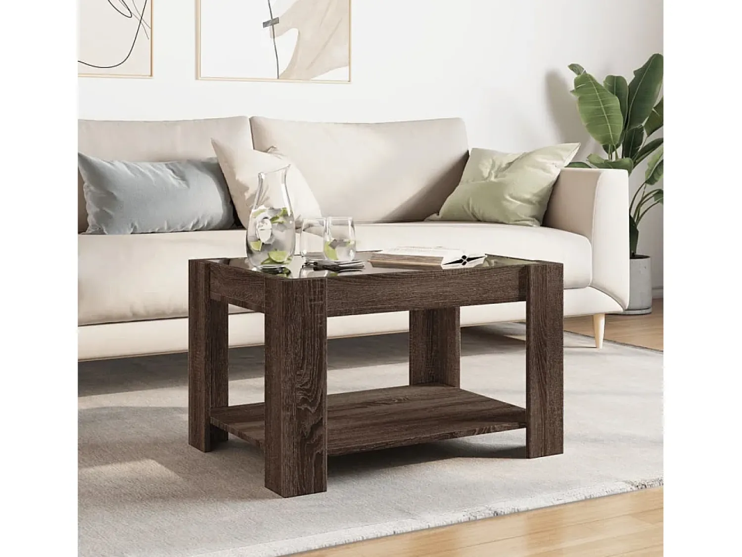 Mesa De Centro| Mesa de centro | Mesa de apoio c/ LEDs 73x53x45 cm derivados de madeira Castanho