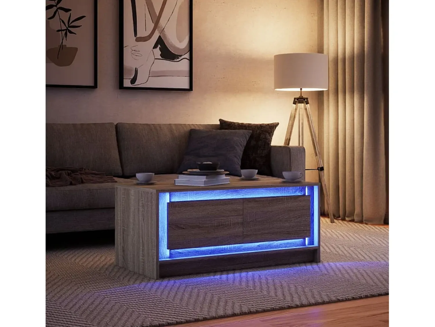 Outlet Mesa de centro | Mesa de apoio c/ luzes LED derivados madeira carvalho sonoma Castanho