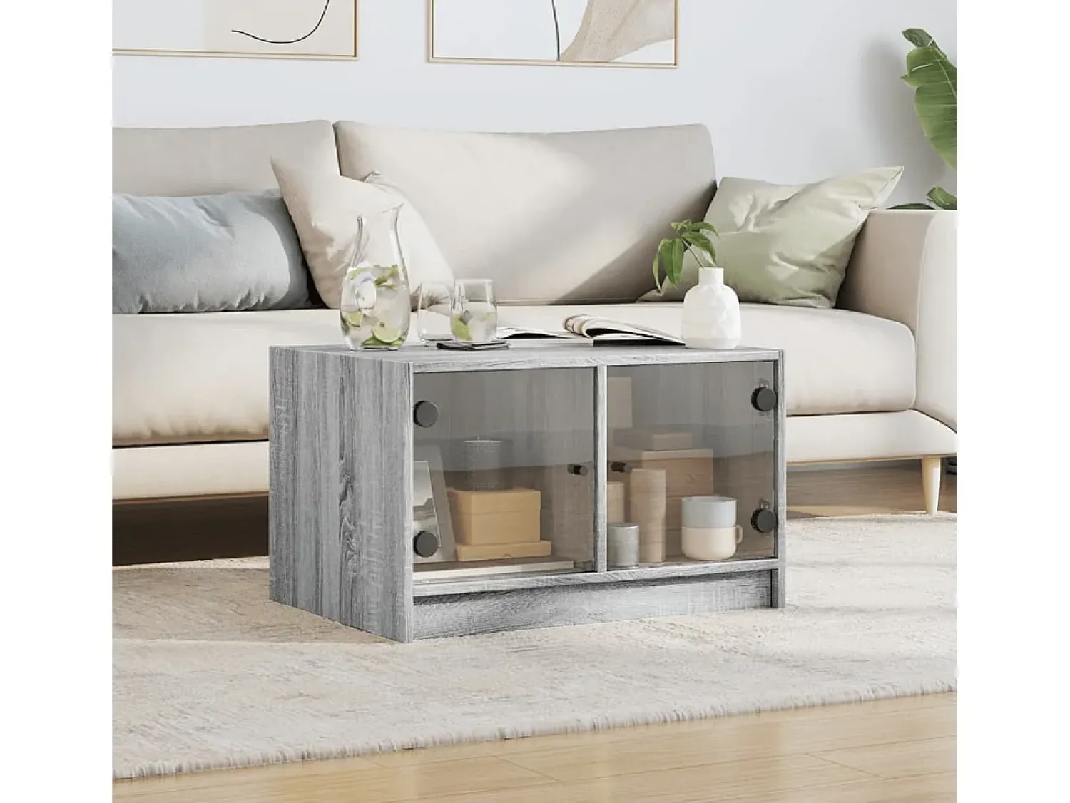 Online Mesa de centro | Mesa de apoio c/ portas de vidro 68x50x42 cm cinza sonoma Cinzento