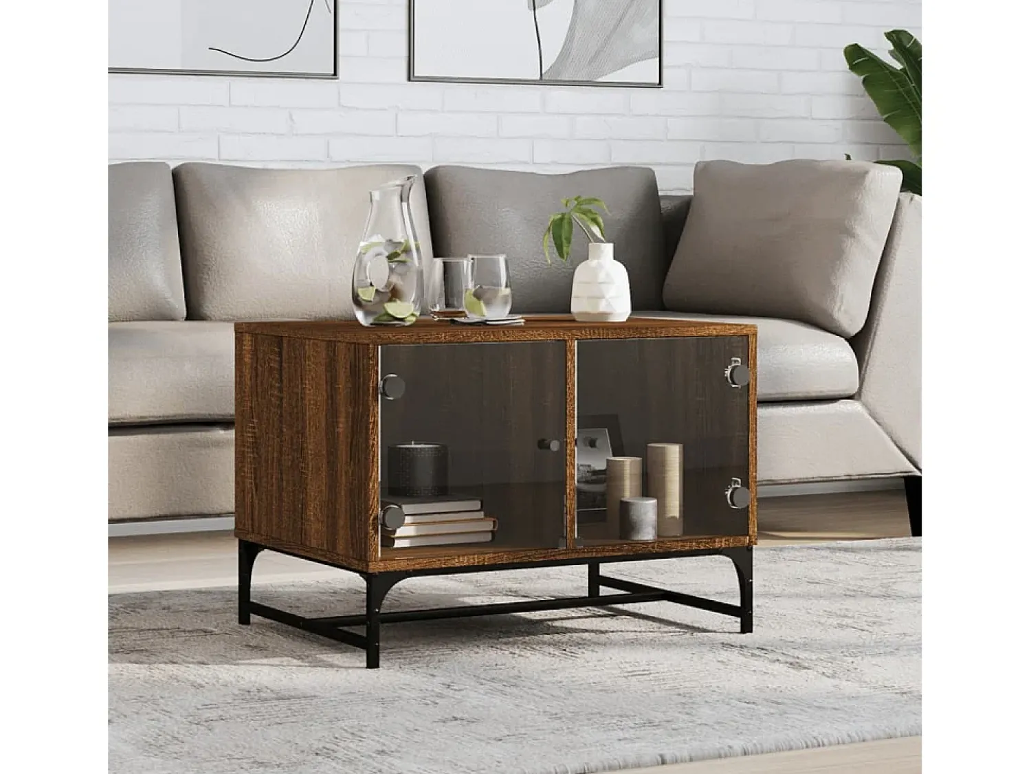 Mesa de centro | Mesa de apoio | Mesa de café c/ portas vidro 68.5x50x50 cm carvalho Castanho