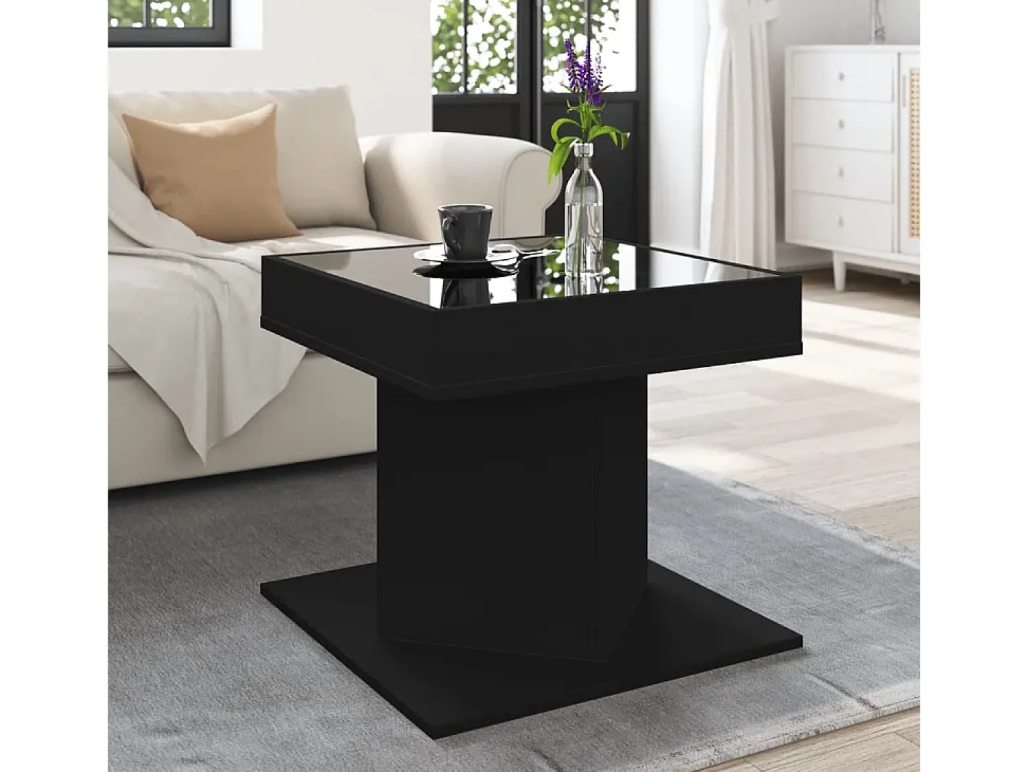 Mesa de centro | Mesa de apoio c/ LEDs 50x50x45cm contraplacado brilhante^ Mesa De Centro