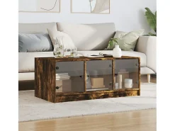 Best Mesa de centro | Mesa de apoio | Mesa de café c/ portas de vidro 102x50x42 cm carvalho fumado Castanho