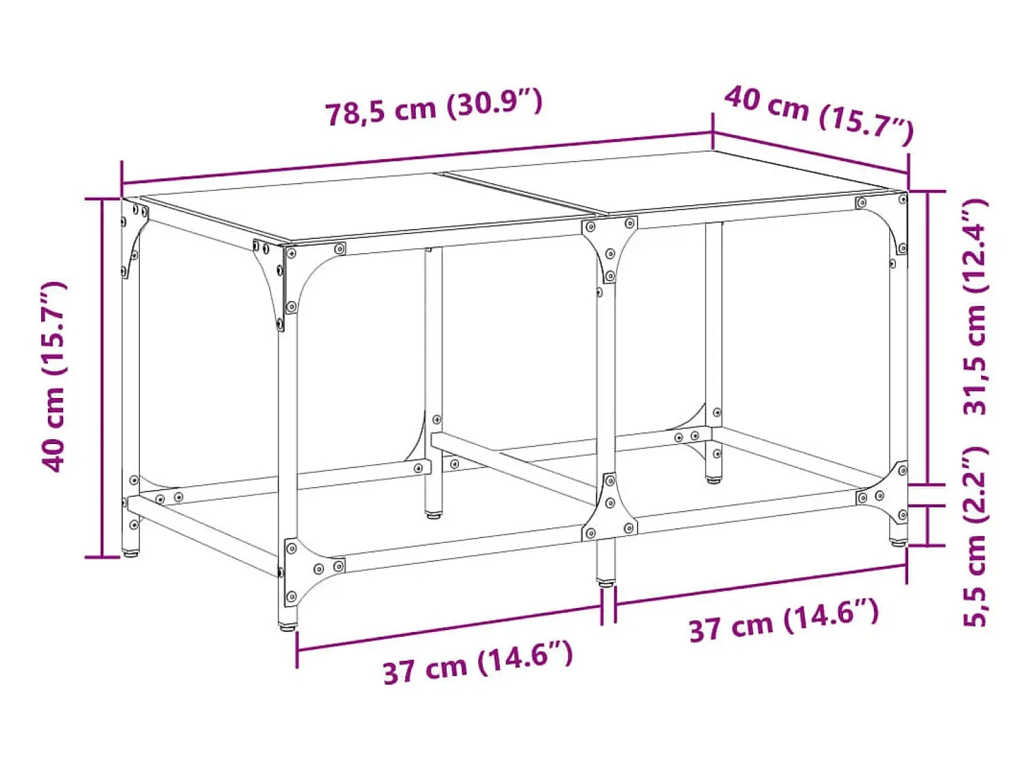 Mesa de centro | Mesa de apoio c/ topo em vidro 78.5x40x40 cm aço^ Mesa De Centro
