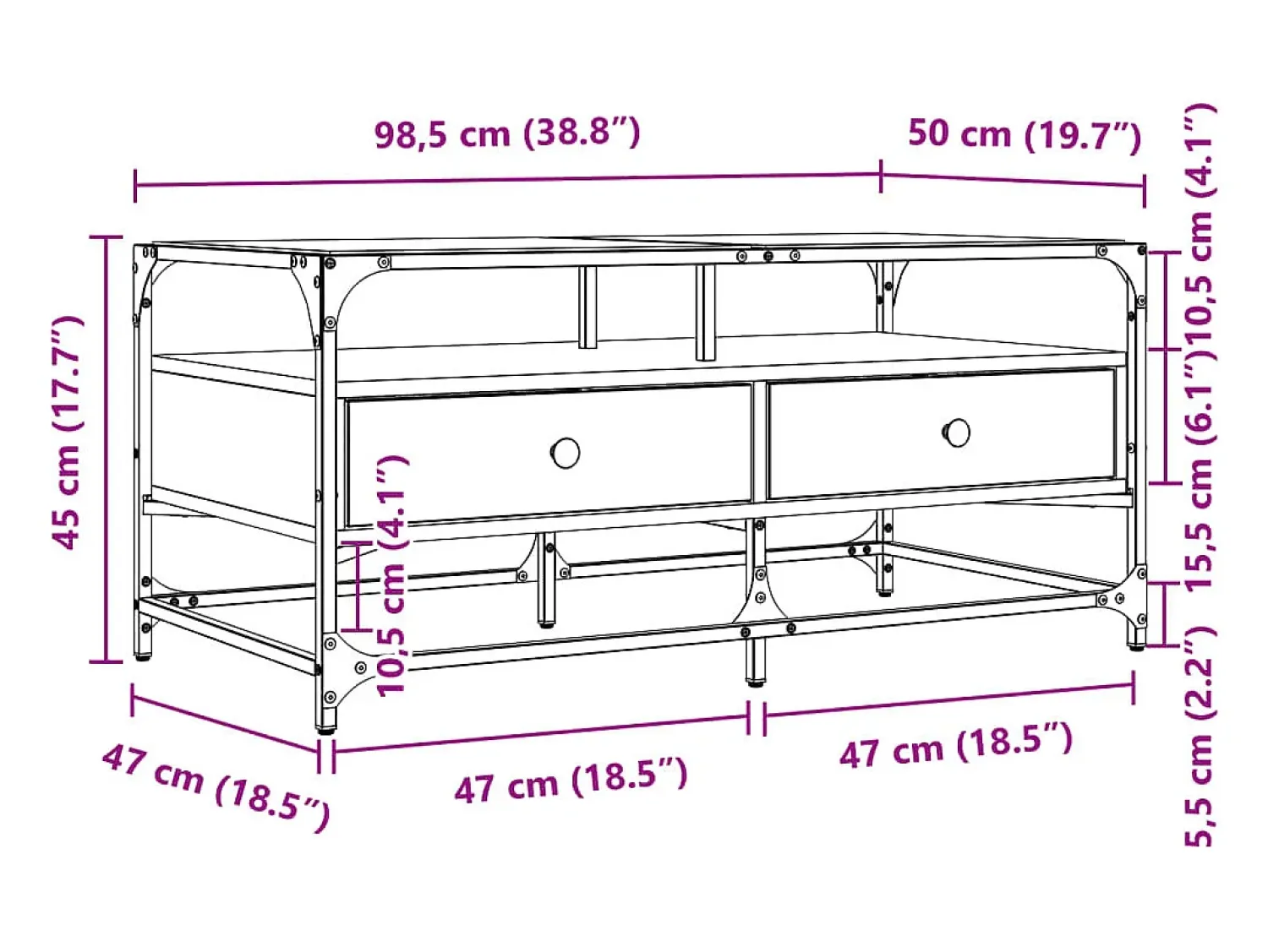 Hot Mesa de centro | Mesa de apoio c/topo de vidro 98.5x50x45cm carvalho sonoma aço Castanho