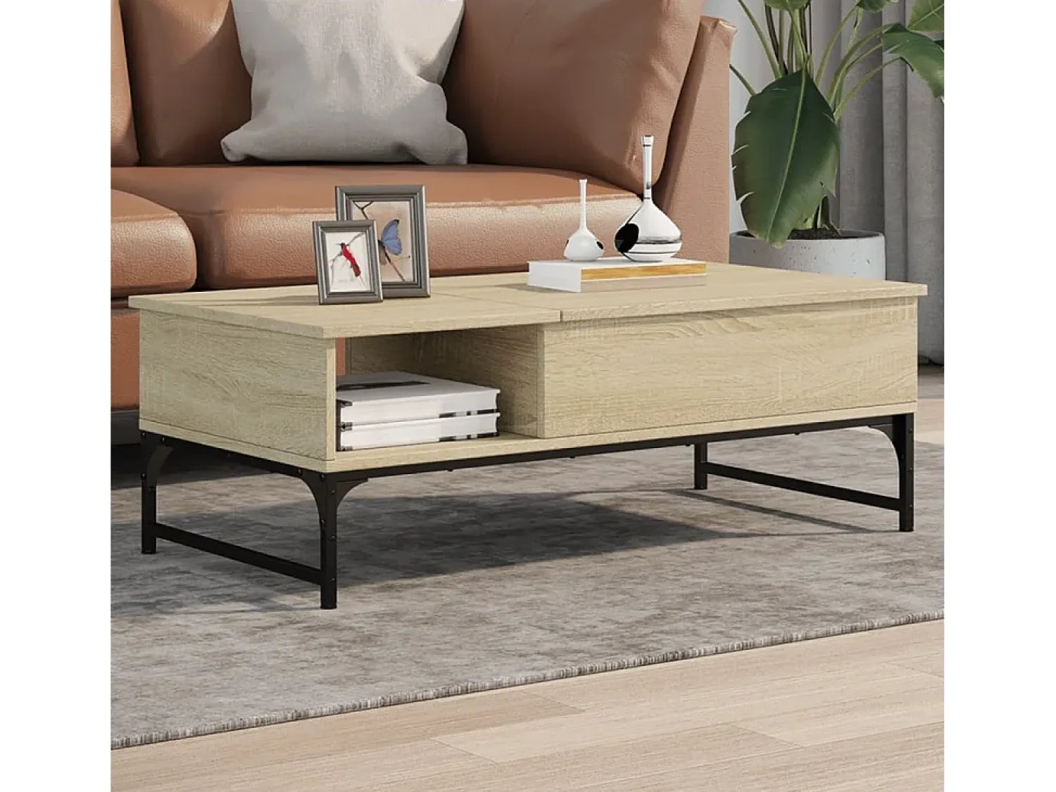 Mesa de centro | Mesa de apoio 100x50x35cm deriv. madeira/metal carvalho sonoma Castanho