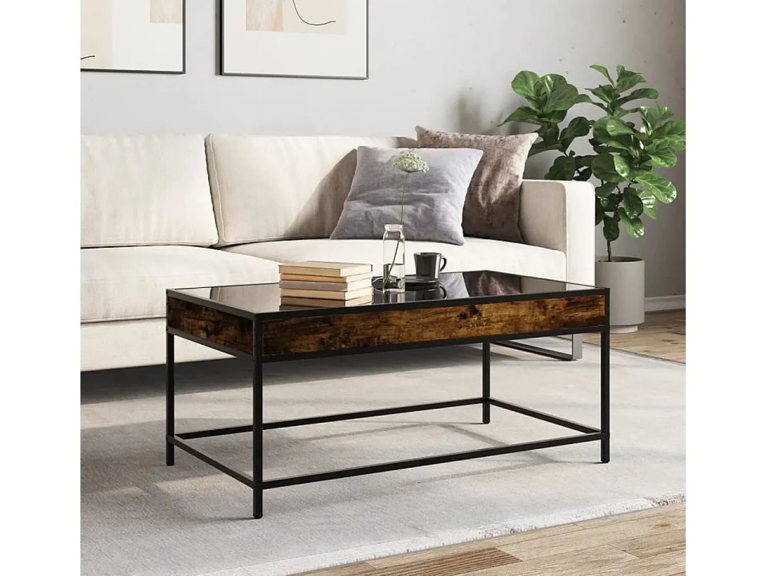 Outlet Mesa de centro | Mesa de apoio luzes LED Infinity 90x50x41 cm carvalho fumado Castanho