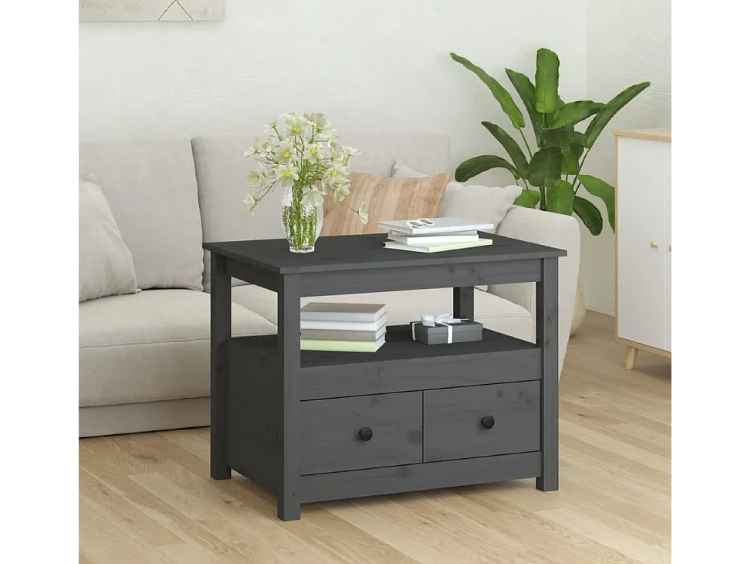 Mesa De Centro* Mesa de centro | Mesa de apoio 71x49x55 cm pinho maciço cinza Cinzento