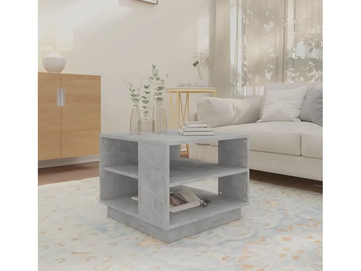 Mesa de centro | Mesa de apoio 55x55x43 cm derivados de madeira cinza cimento^ Mesa De Centro
