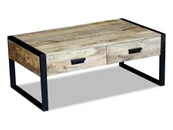 Clearance Mesa de centro | Mesa de apoio | Mesa de café 2 gavetas madeira de manga sólida 100x60x40 cm Castanho