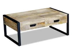Clearance Mesa de centro | Mesa de apoio | Mesa de café 2 gavetas madeira de manga sólida 100x60x40 cm Castanho