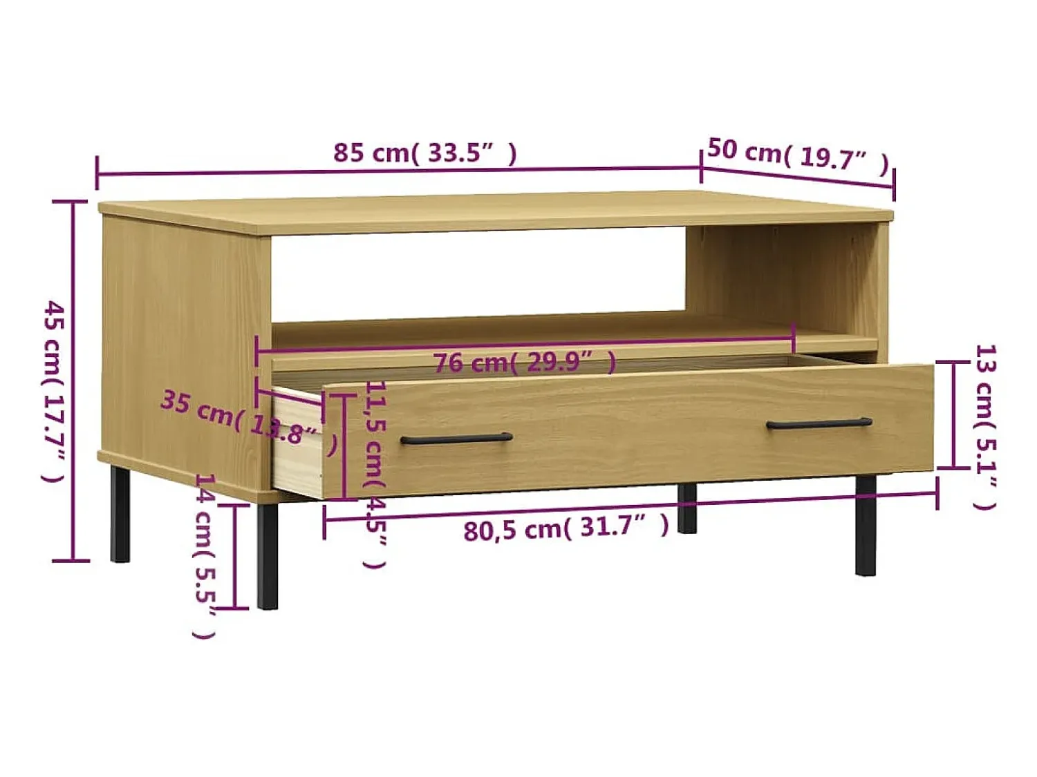 Mesa De Centro| Mesa de centro | Mesa de apoio c/ pernas de metal 85x50x45cm OSLO madeira Castanho
