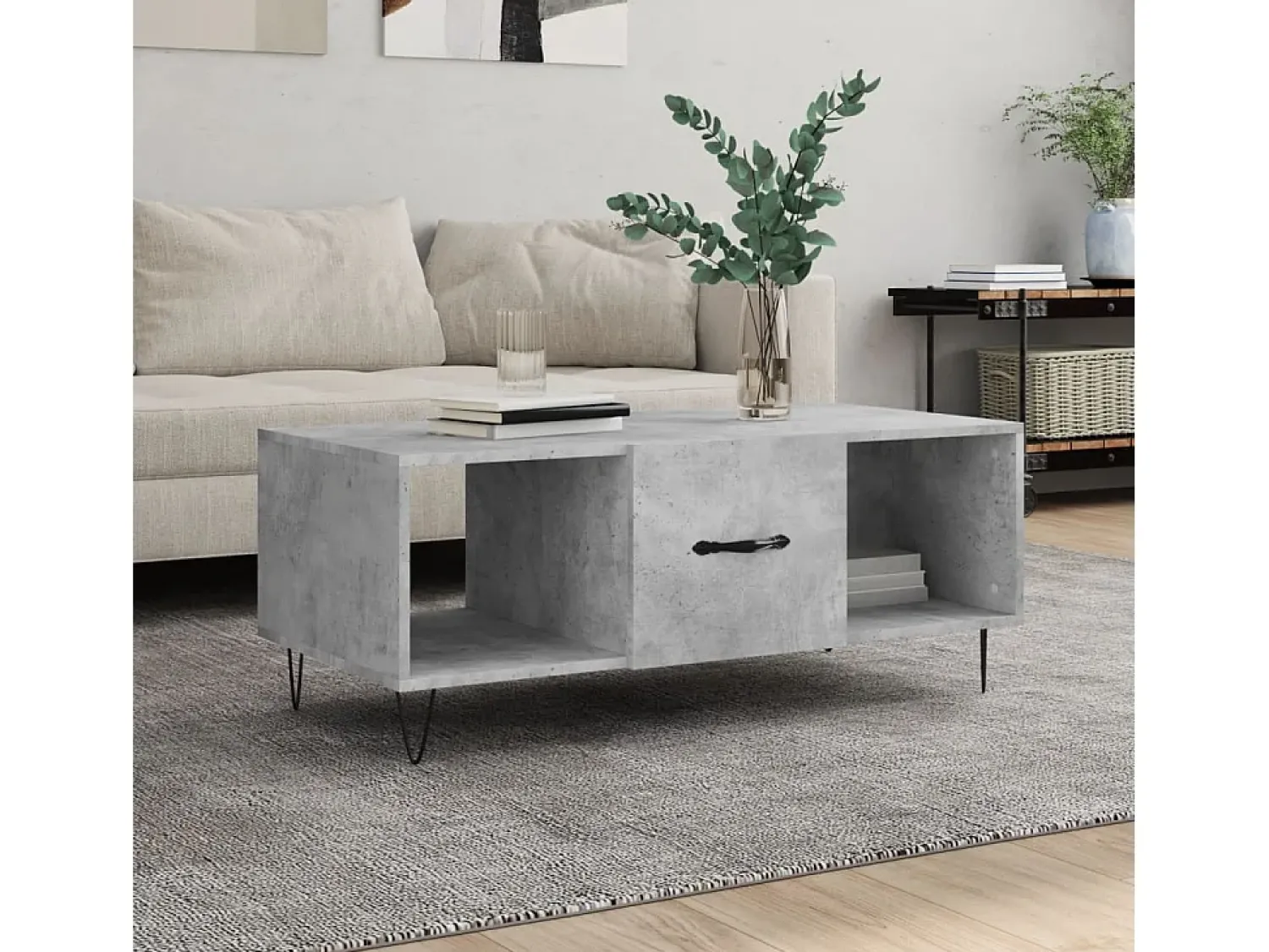 Mesa de centro | Mesa de apoio 102x50x40 cm madeira processada cinza cimento^ Mesa De Centro