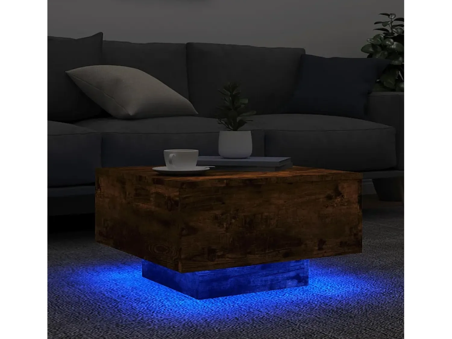 Mesa De Centro| Mesa de centro | Mesa de apoio com luzes LED 55x55x31 cm carvalho fumado Castanho
