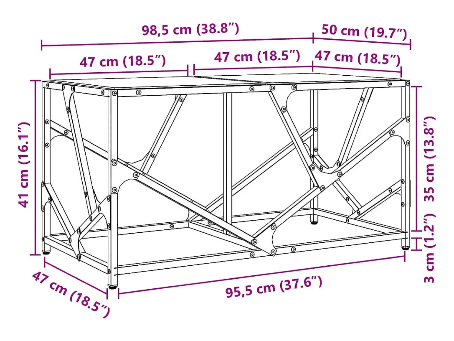 Mesa de centro | Mesa de apoio c/ topo em vidro 98.5x50x41 cm aço^ Mesa De Centro
