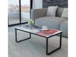 Mesa De Centro* Mesa de centro | Mesa de apoio tampo de vidro com impressão cabine telefónica Multicor