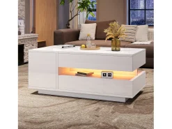 Mesa De Centro|ModernLuxe Mesa de centro ajustável 95×50×34,5 cm - Acabamento brilhante - 1 gaveta e 1 porta - Iluminação LED - Branco