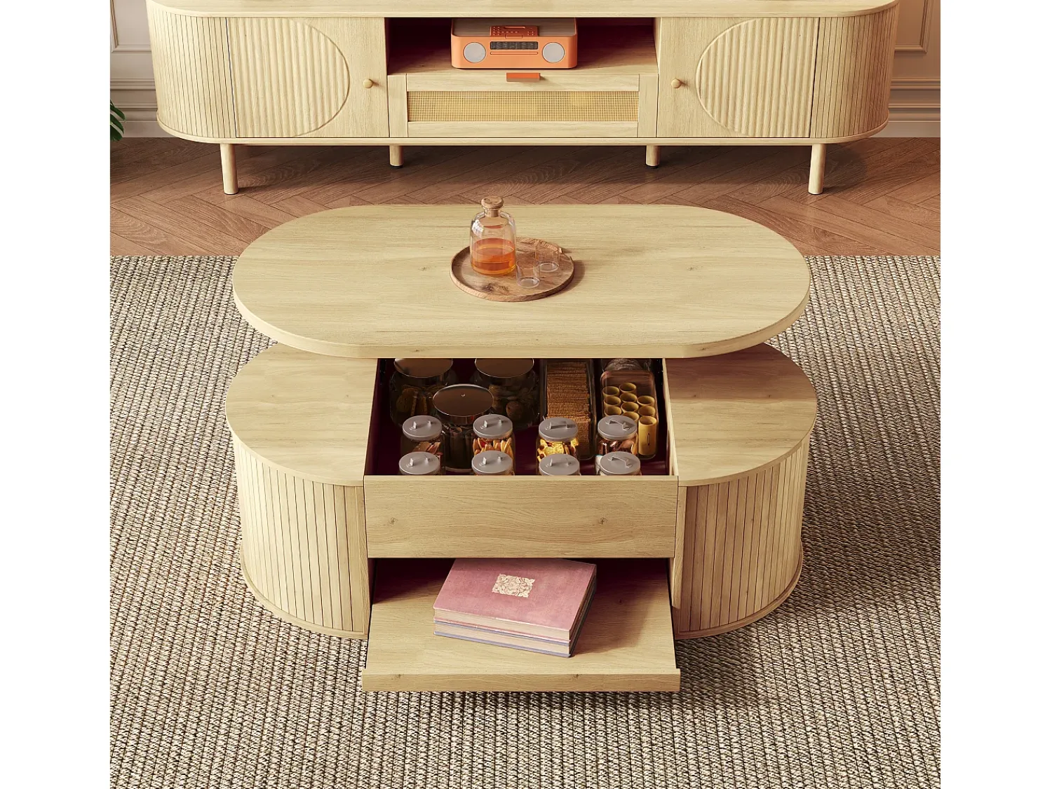 Mesa De Centro|ModernLuxe Mesa de centro ajustável 110×55,5×40 cm - laterais curvos - com 1 gaveta - MDF - natural Natural claro