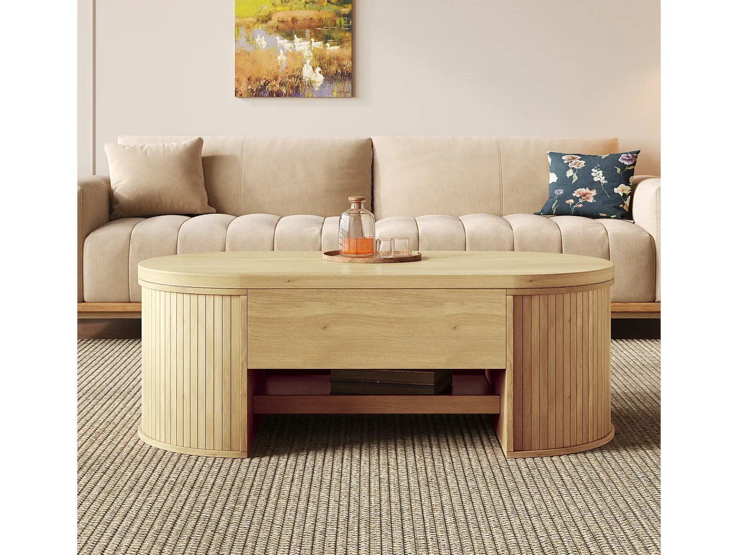 Mesa De Centro|ModernLuxe Mesa de centro ajustável 110×55,5×40 cm - laterais curvos - com 1 gaveta - MDF - natural Natural claro