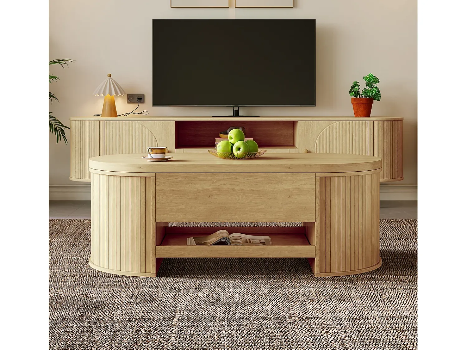 Mesa De Centro|ModernLuxe Mesa de centro ajustável 110×55,5×40 cm - laterais curvos - com 1 gaveta - MDF - natural Natural claro