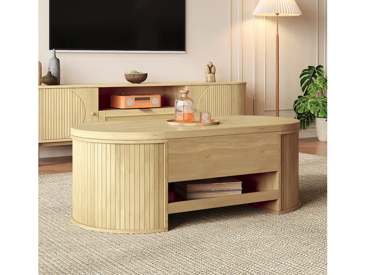 Mesa De Centro|ModernLuxe Mesa de centro ajustável 110×55,5×40 cm - laterais curvos - com 1 gaveta - MDF - natural Natural claro