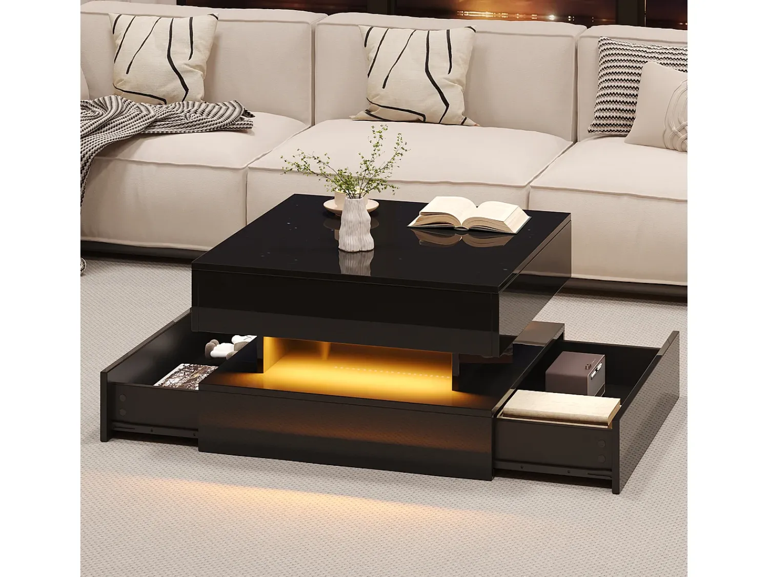 Mesa De Centro*ModernLuxe Mesa de centro ajustável 65×65×38,5 cm - acabamento brilhante - com iluminação LED - 2 gavetas - Preto
