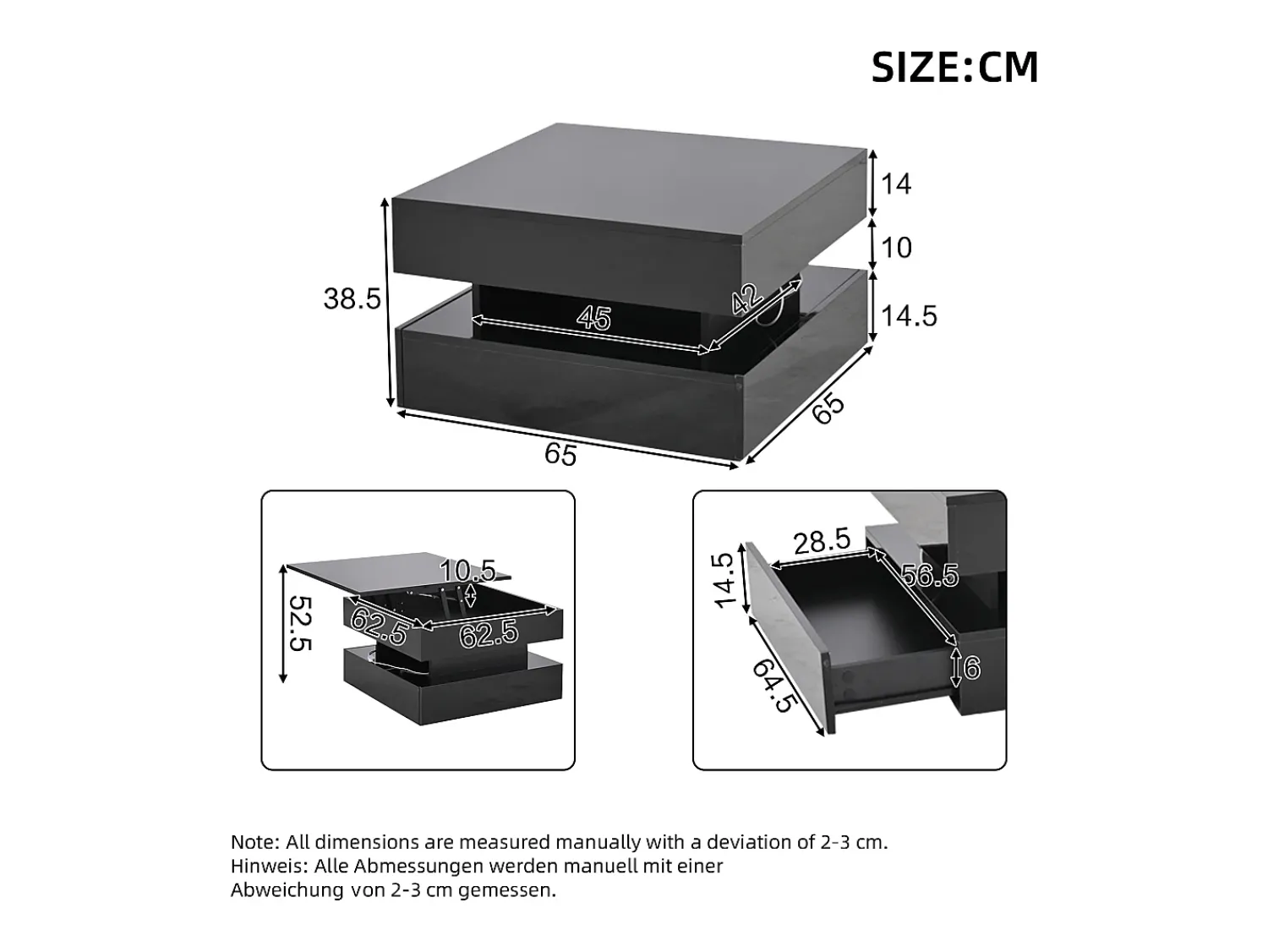Mesa De Centro*ModernLuxe Mesa de centro ajustável 65×65×38,5 cm - acabamento brilhante - com iluminação LED - 2 gavetas - Preto