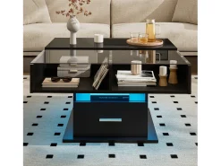 ModernLuxe Mesa de centro ajustável 78×78×45,5 cm - com iluminação LED - 1 gaveta - prateleiras abertas - Preto