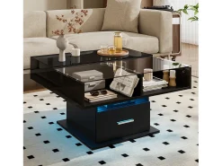 ModernLuxe Mesa de centro ajustável 78×78×45,5 cm - com iluminação LED - 1 gaveta - prateleiras abertas - Preto