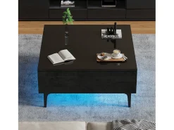 Outlet Merax Mesa de centro ajustável - 70 x 70 x 35 cm - com 1 gaveta + prateleiras ocultas + LEDs - MDF - Preto