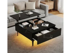 Outlet Merax Mesa de centro ajustável - 70 x 70 x 35 cm - com 1 gaveta + prateleiras ocultas + LEDs - MDF - Preto