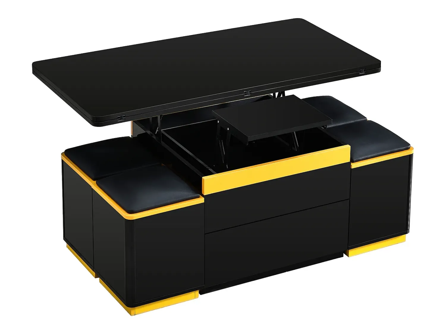 Best ModernLuxe Mesa de centro ajustável em altura moderna 100x50x43cm - com 4 banquinhos de armazenamento - 1 gaveta - Preto