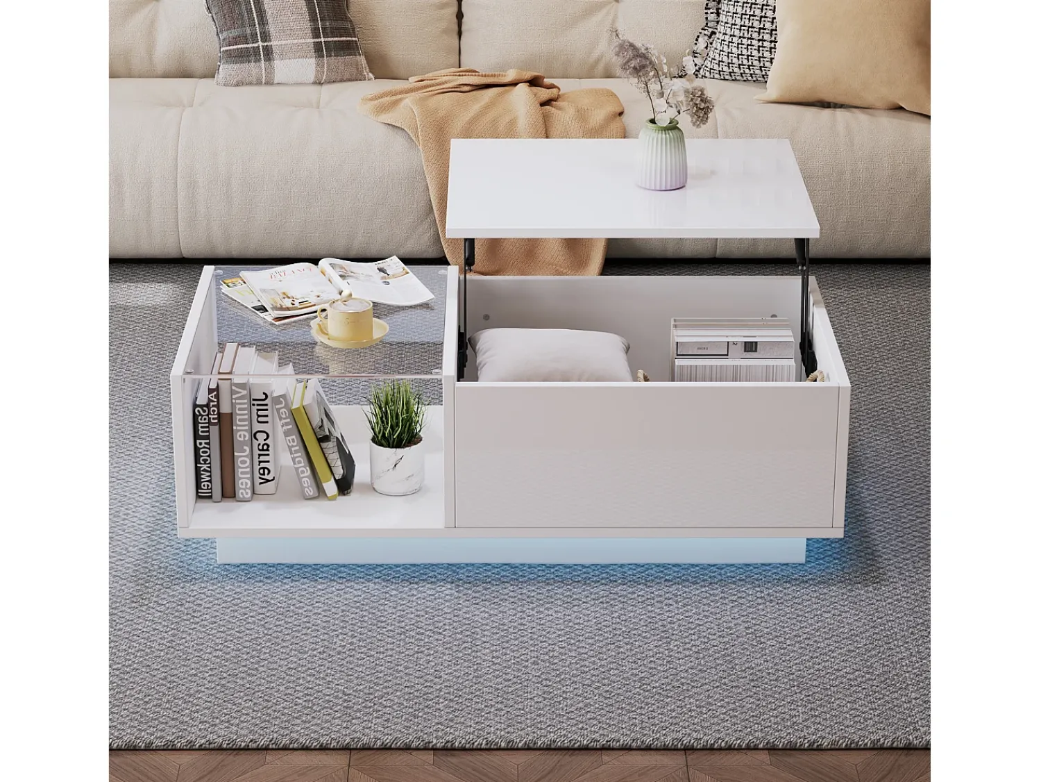 ModernLuxe Mesa de centro alto brilho - altura ajustável - com armazenamento + prateleiras -^ Mesa De Centro