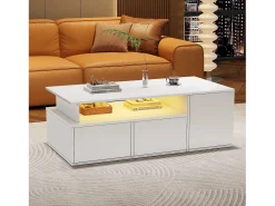 ModernLuxe Mesa de centro alto brilho 100×50×35 cm - com iluminação LED - 2 gavetas - 3 compartimentos -^ Mesa De Centro