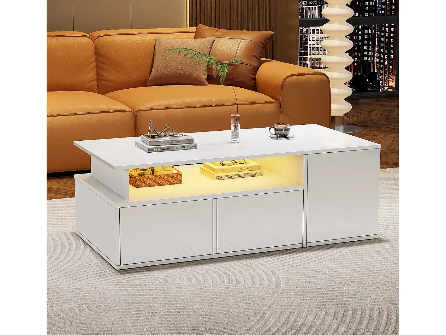 ModernLuxe Mesa de centro alto brilho 100×50×35 cm - com iluminação LED - 2 gavetas - 3 compartimentos -^ Mesa De Centro