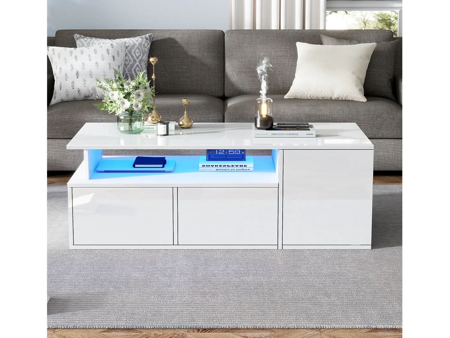 ModernLuxe Mesa de centro alto brilho 100×50×35 cm - com iluminação LED - 2 gavetas - 3 compartimentos -^ Mesa De Centro