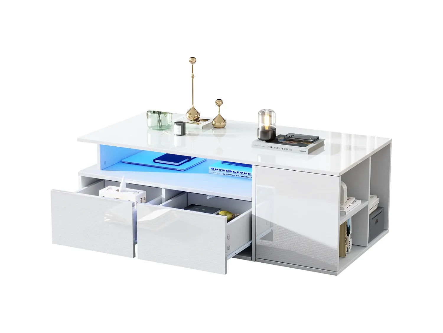 ModernLuxe Mesa de centro alto brilho 100×50×35 cm - com iluminação LED - 2 gavetas - 3 compartimentos -^ Mesa De Centro