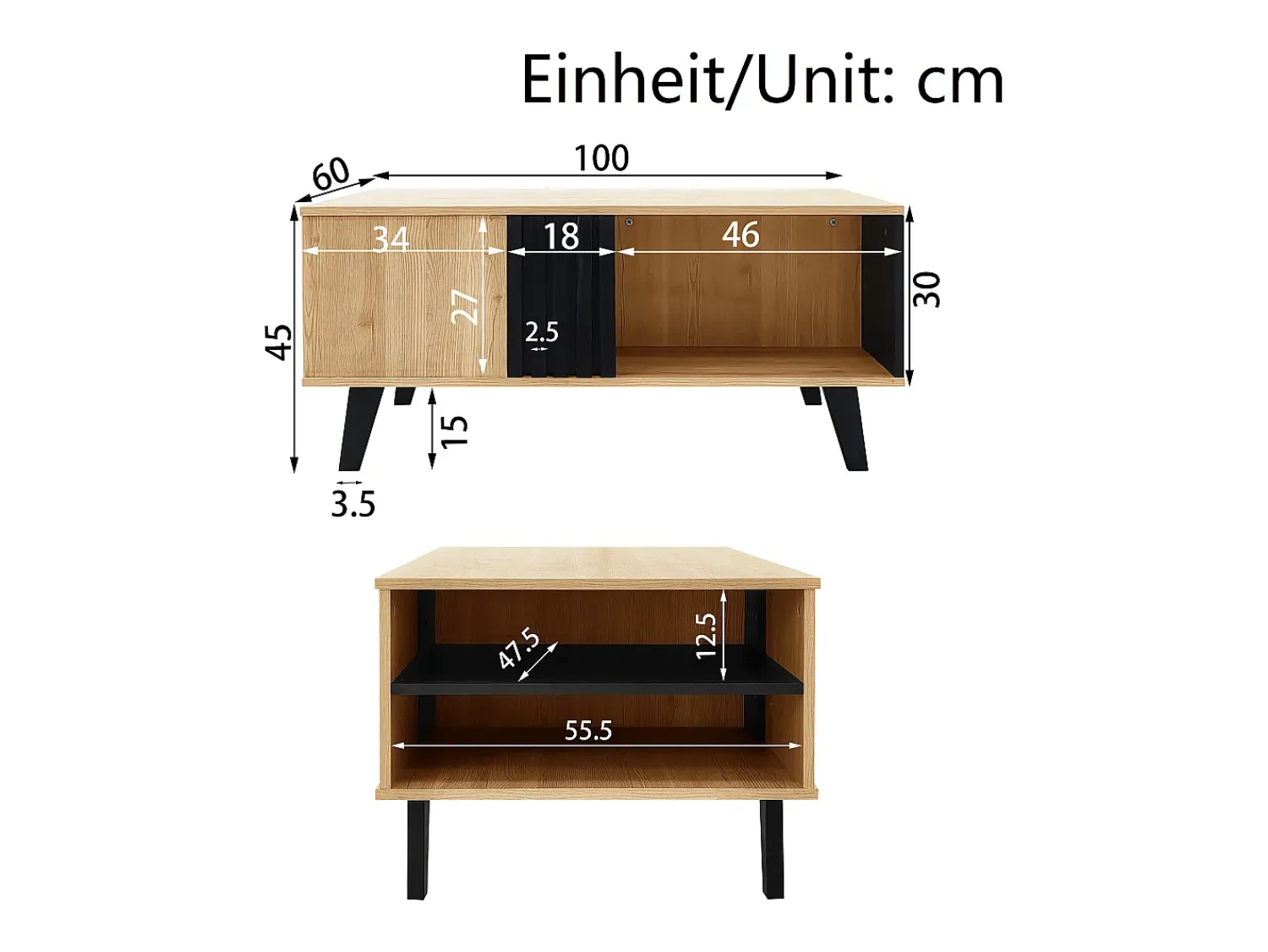Sale Mesa de centro, aparador, cômoda com design em madeira e preto, mesa de sala de estar com gavetas, mesa lateral Natural claro