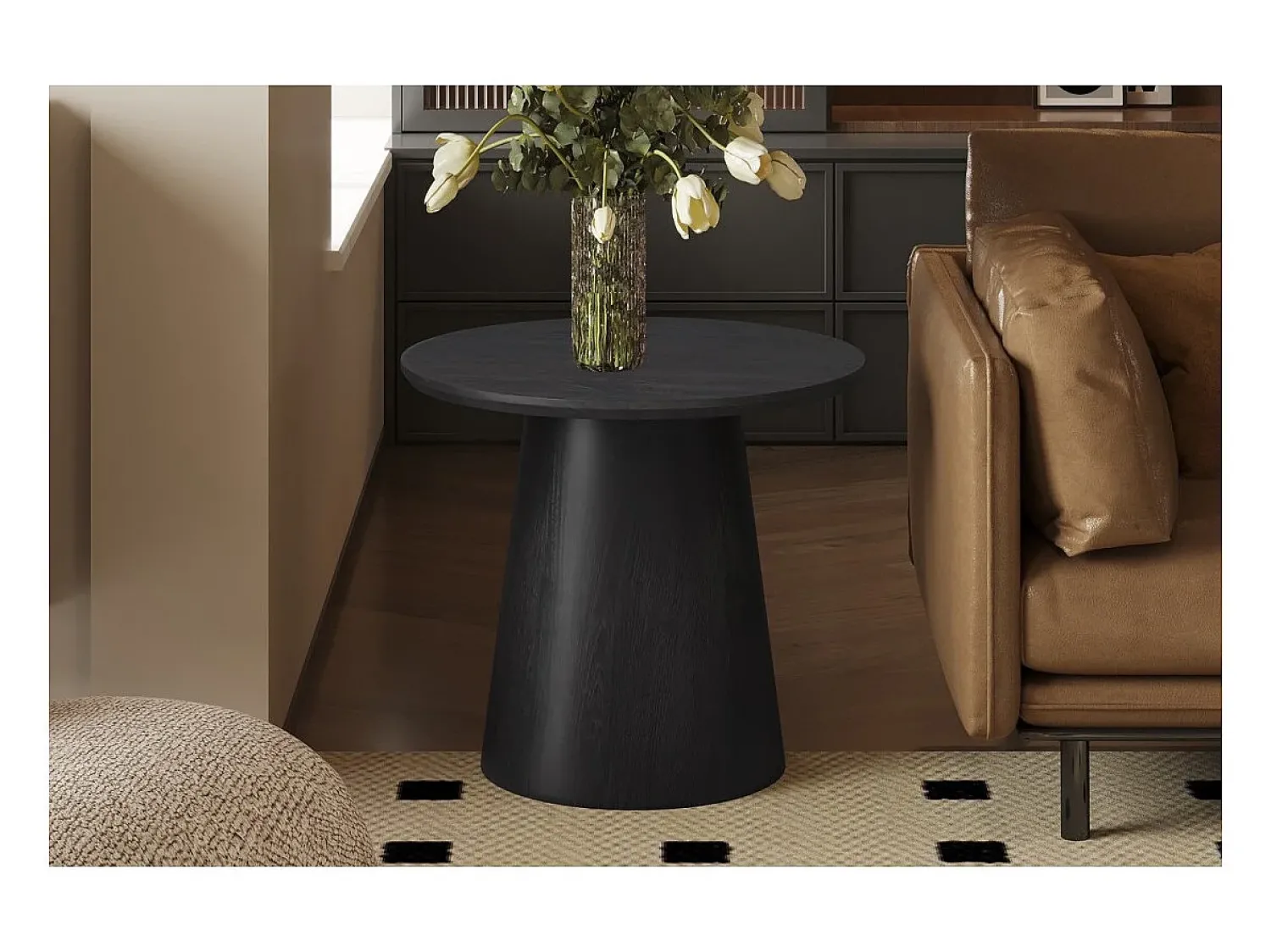 Mesa De Centro|Meublorama Mesa de Centro BOKOR – Cor marrom escuro – Mesa de centro redonda 60x60 cm – MDF – Design moderno e compacto Preto