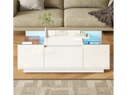 Mesa De Centro* Mesa de centro branca - Mesa de centro com iluminação LED e 2 gavetas - Tampo em vidro Branco