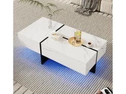Merax Mesa de centro branca alto brilho, mesa de sala, tampo em mármore com LED, 100 x 50 x 34,5 cm^ Mesa De Centro