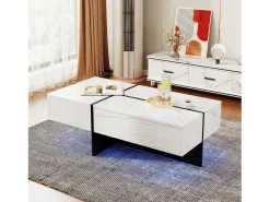 Merax Mesa de centro branca alto brilho, mesa de sala, tampo em mármore com LED, 100 x 50 x 34,5 cm^ Mesa De Centro
