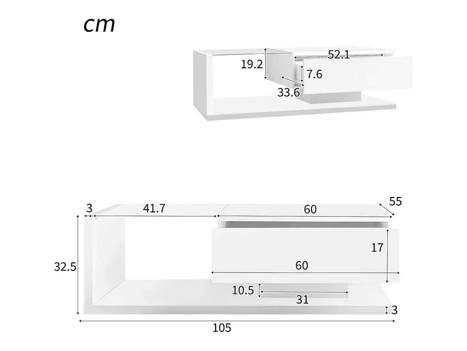 Mesa De Centro*Hauss Spole Mesa de centro branca brilhante com gaveta e LED, tampo em vidro 105x55x32,5cm Branco