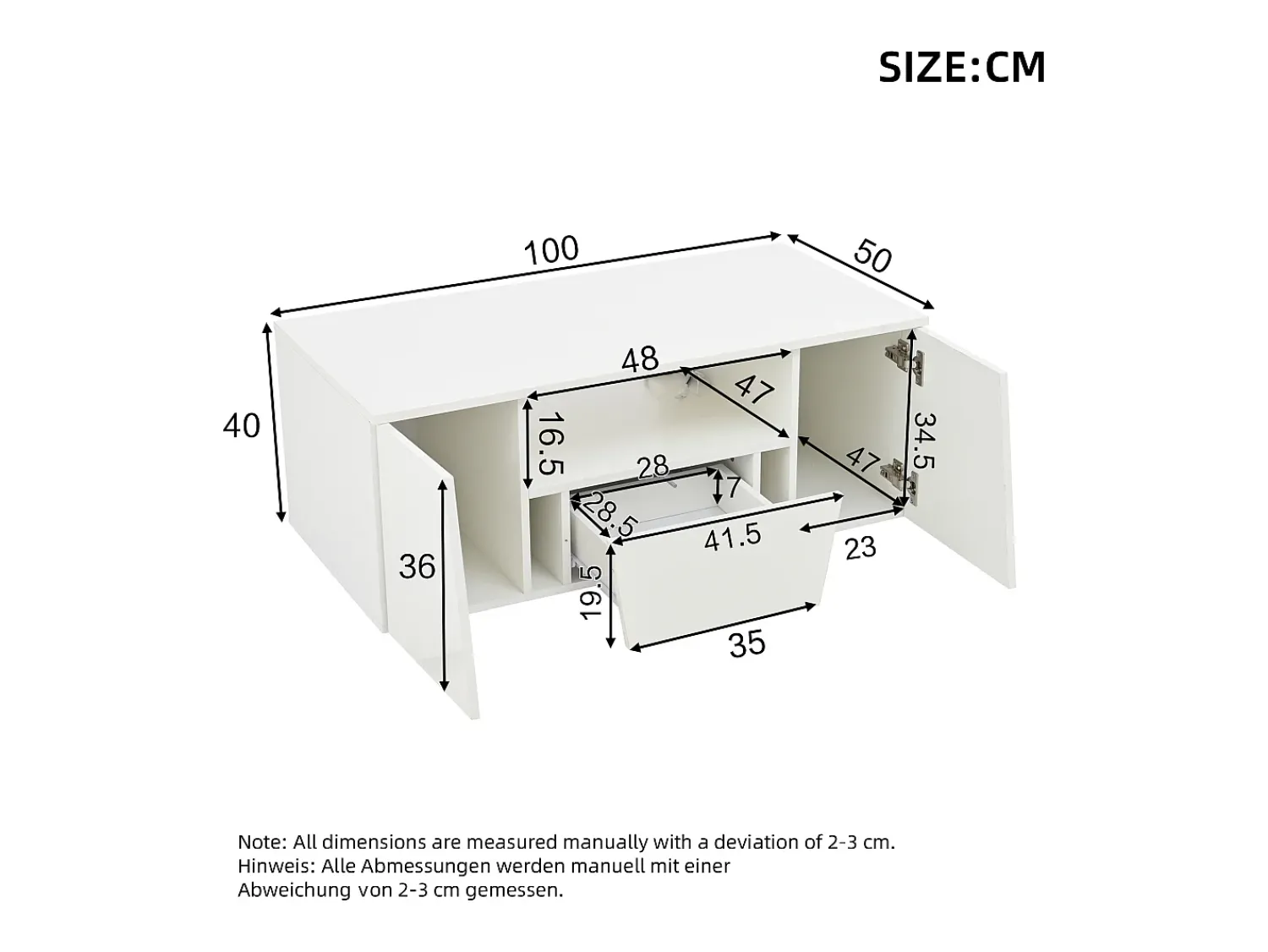 Clearance Mesa de centro branca com 2 portas e 1 gaveta - Tampo brilhante e iluminação LED - Design irregular Branco